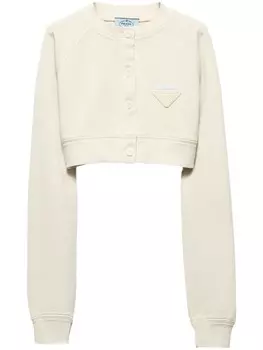 Prada укороченная хлопковая куртка с треугольным логотипом, нейтральный цвет