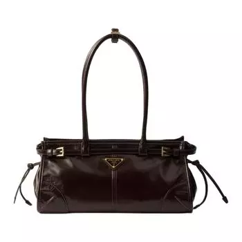 PRADA Женская кожаная сумка на одно плечо среднего размера, темно-коричневого цвета