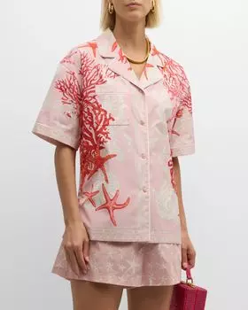 Праздничная пижамная рубашка из хлопкового поплина с принтом шарфа и короткими рукавами Versace, цвет Dusty Rosecoralbon