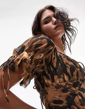 Праздничное платье Topshop со шнуровкой сзади и необработанными швами с животным принтом