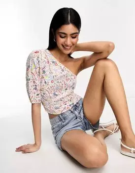 Праздничный топ ASOS с принтом пейсли, на одно плечо и со сборками по бокам