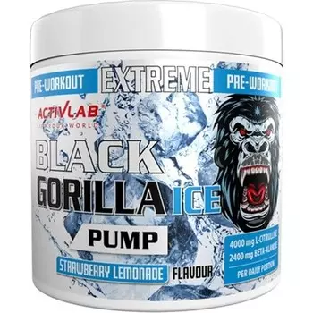 Предтренировочный порошок Activlab Black Gorilla Ice Pump 300 г — 30 порций, 4000 мг L-цитруллина, 2400 мг бета-аланина, 2500 мг L-аргинина, AAKG, без кофеина, клубнично-лимонадный вкус, лайм-клубника