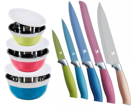Преимущественный набор: 3 шт. Набор мисок KING AROMI 14см, 16см, 18см + 5 шт. Набор ножей KING METALLIC DESIGN: поварской нож 20см, нож для хлеба 20см, универсальный нож 12,5см, нож для обвалки 20см, нож для овощей 8,5см