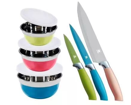 Преимущественный набор: 3 шт. Набор мисок KING AROMI 14см, 16см, 18см + 3 шт. Набор ножей KING METALLIC DESIGN поварской нож 20см, универсальный нож 12,5см, нож для овощей 8,5см