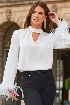 Премиальная блузка с декоративным узором из перьев Sosandar, белый