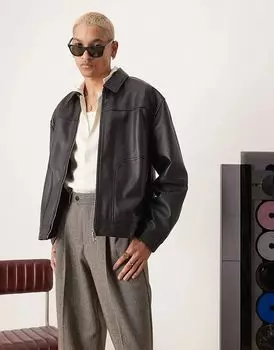 Премиальная куртка-харрингтон свободного покроя из натуральной кожи черного цвета ASOS DESIGN