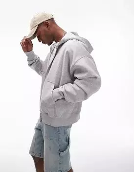 Премиальная плотная толстовка с капюшоном большого размера на молнии серого меланжевого цвета Topman