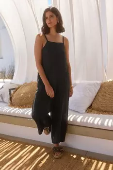 Премиальный 100% льняной комбинезон с широкими штанинами Next, черный