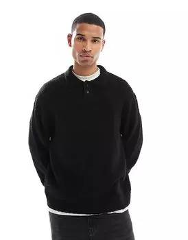 Премиальный свободный джемпер-поло из ткани букле черного цвета Jack & Jones