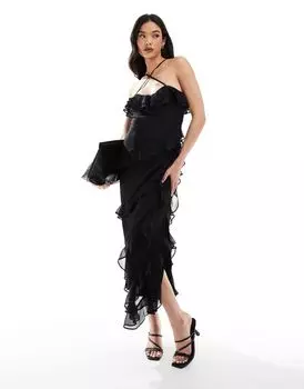 Pretty Lavish — черное платье из теленка с бретелями крест-накрест и рюшами