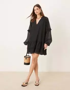 Pretty Lavish мини-платье с длинными рукавами и оборками черного цвета