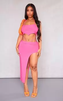 PrettyLittleThing Асимметричная юбка-миди с обтягивающей талией ярко-розового цвета с завязкой на талии