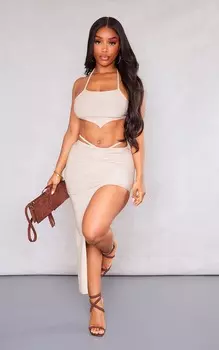 PrettyLittleThing Асимметричная юбка миди Shape Taupe с обтягивающей талией и завязкой на талии