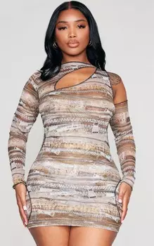 PrettyLittleThing Асимметричное платье с длинными рукавами из сетки с несколькими вырезами и принтом в форме фигуры