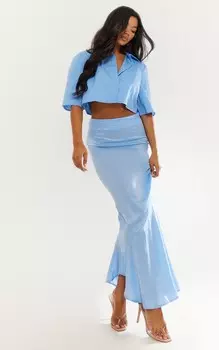 PrettyLittleThing Атласная юбка мидакси василькового цвета с чеканным узором «рыбий хвост»