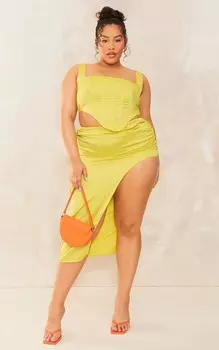 PrettyLittleThing Атласная юбка-миди цвета лайма со сборками и разрезом по бокам