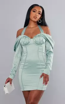 PrettyLittleThing Атласное облегающее платье с открытой спиной и драпировкой PLT Label Sage Constructed