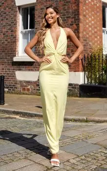 PrettyLittleThing Атласное платье макси с глубоким вырезом и вырезом халтер для подружки невесты лимонного цвета