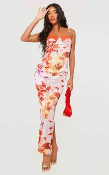 PrettyLittleThing Атласное платье мидакси на косточках с разноцветным принтом и кружевной отделкой