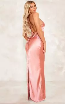 PrettyLittleThing Атласное платье мидакси пыльно-розового цвета с вырезом халтер и открытой спиной на пуговицах