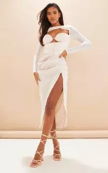 PrettyLittleThing Атласное платье миди цвета шампанского с бюстом и рюшами и сетчатыми рукавами