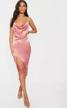 PrettyLittleThing Атласное платье миди с воротником розового цвета и бретелями
