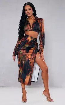 PrettyLittleThing Атласное платье-рубашка мидакси с мульти-гранжовым принтом и вырезами