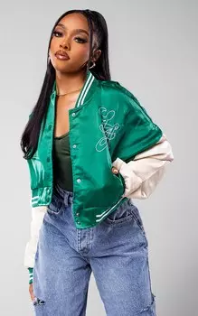 PrettyLittleThing Атласный укороченный университетский бомбер с зеленой полоской и контрастными рукавами
