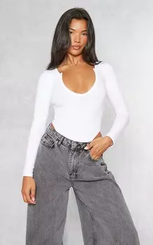PrettyLittleThing Базовое белое боди из хлопковой смеси с глубоким вырезом и длинными рукавами