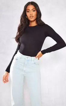 PrettyLittleThing Базовое боди высокого черного цвета с круглым вырезом и длинными рукавами