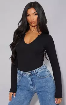 PrettyLittleThing Базовое черное боди из хлопковой смеси с глубоким вырезом и длинными рукавами