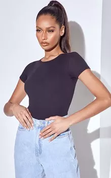 PrettyLittleThing Базовое черное боди из хлопковой смеси с короткими рукавами