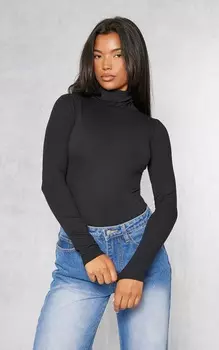PrettyLittleThing Базовое черное боди из хлопковой смеси с высоким воротником