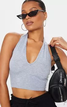 PrettyLittleThing Базовый укороченный топ из смесового хлопка серого цвета с воротником халтер