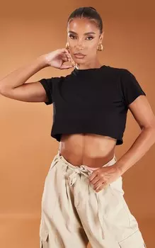 PrettyLittleThing Базовый укороченный топ с короткими рукавами из хлопковой смеси черного цвета