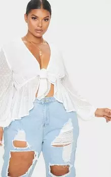 PrettyLittleThing Белая блузка Plus с сетчатой завязкой спереди