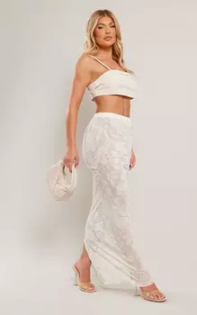 PrettyLittleThing Белая длинная юбка Devore в сеточку