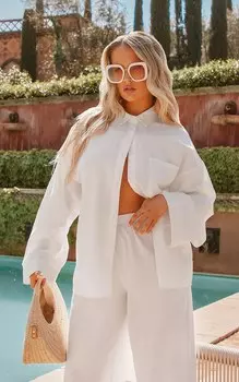 PrettyLittleThing Белая льняная рубашка свободного кроя с карманами спереди