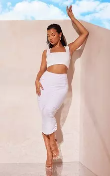 PrettyLittleThing Белая облегающая юбка-миди со сборками Second Skin