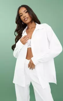 PrettyLittleThing Белая плетеная рубашка оверсайз на пуговицах