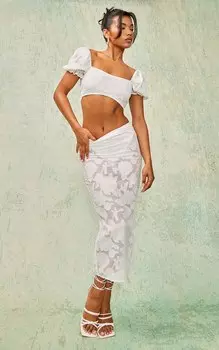 PrettyLittleThing Белая юбка-миди с высокой талией и цветочной аппликацией