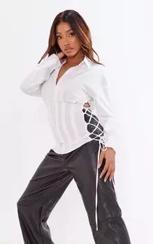 PrettyLittleThing Белая удлиненная рубашка на шнуровке на крючках и проушинах