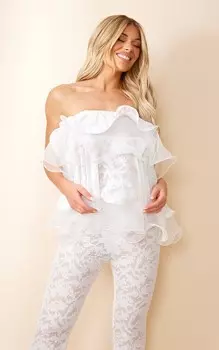 PrettyLittleThing Белое бандо из прозрачного фактурного кружева с рюшами