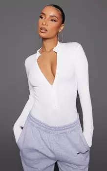 PrettyLittleThing Белое боди на молнии с длинными рукавами в рубчик