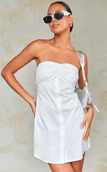 PrettyLittleThing Белое облегающее платье-бандо из хлопкового поплина со сборками и пуговицами
