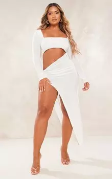 PrettyLittleThing Белое облегающее платье мидакси с вырезом и узлом по бокам