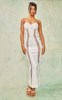 PrettyLittleThing Белое платье-бандо мидакси на косточках с кружевной вставкой и корсетом