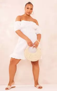 PrettyLittleThing Белое платье прямого кроя из марлевой ткани с пышными рукавами плюс