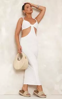 PrettyLittleThing Белое текстурированное платье мидакси с вырезами и узлом на бретелях