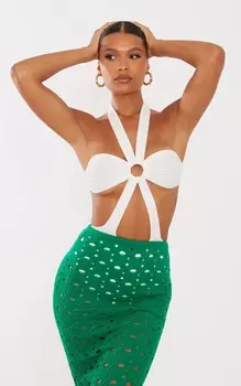 PrettyLittleThing Белое трикотажное боди с завязками и кольцами